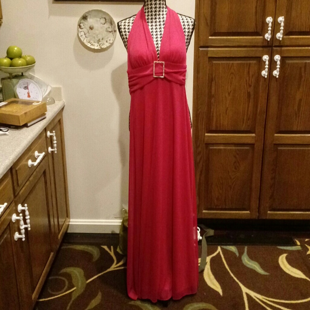 B Darlin Fuchsia Halter Empire Waist Gown